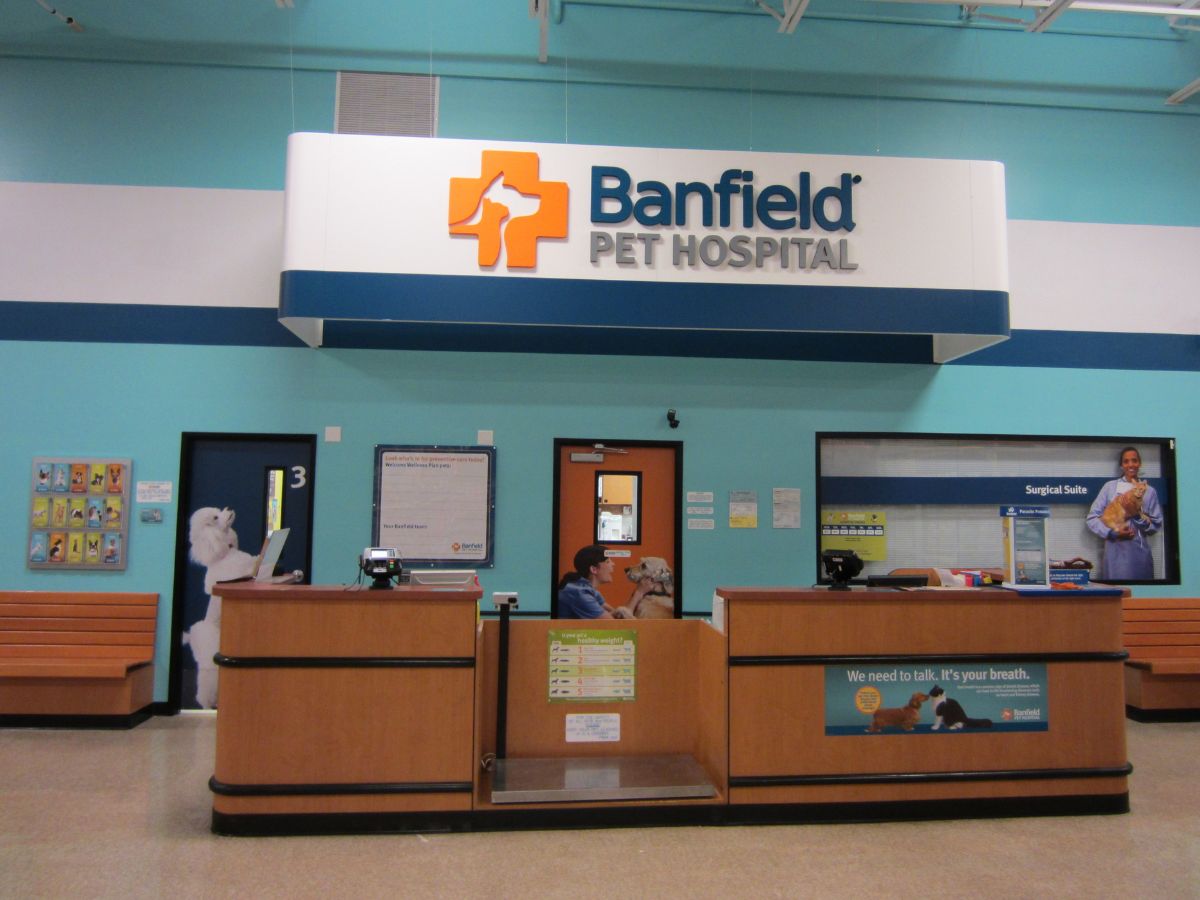 The front desk and check-in area of Banfield Coral Springs