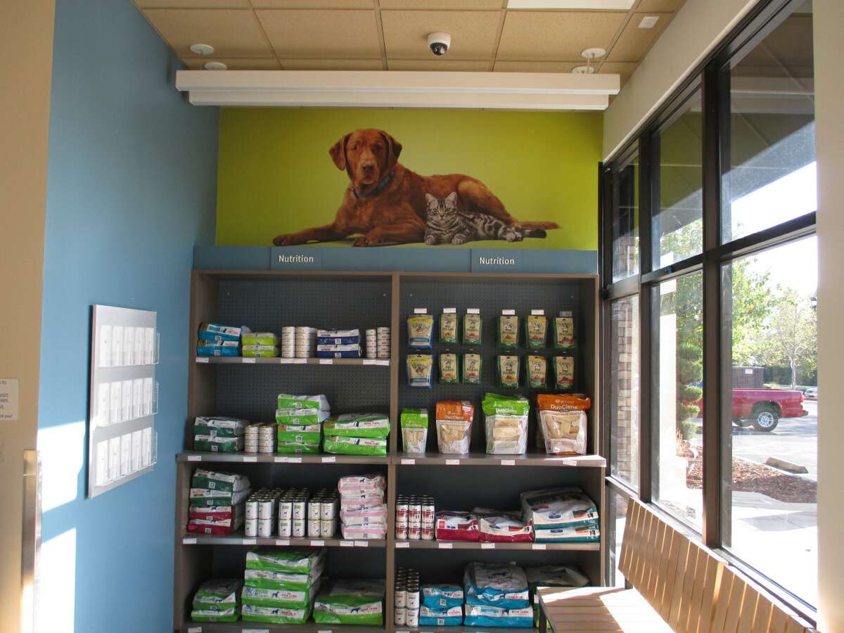 The supply shelves and food at Banfield - Fair Oaks