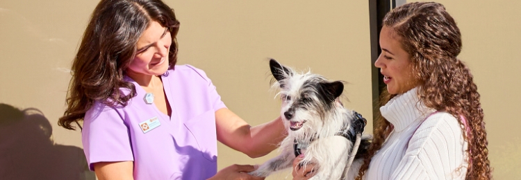 Taylor Parker, CVT, greets a customer and her dog outside a Banfield hospital