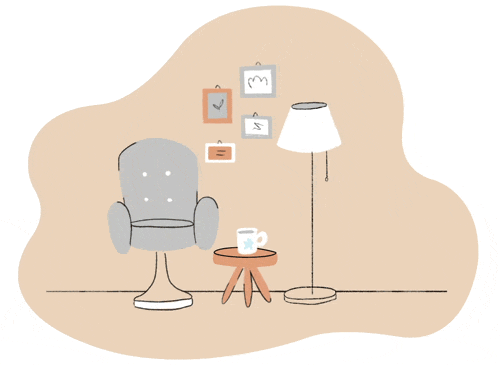 An illustrated gif of a living room with furniture