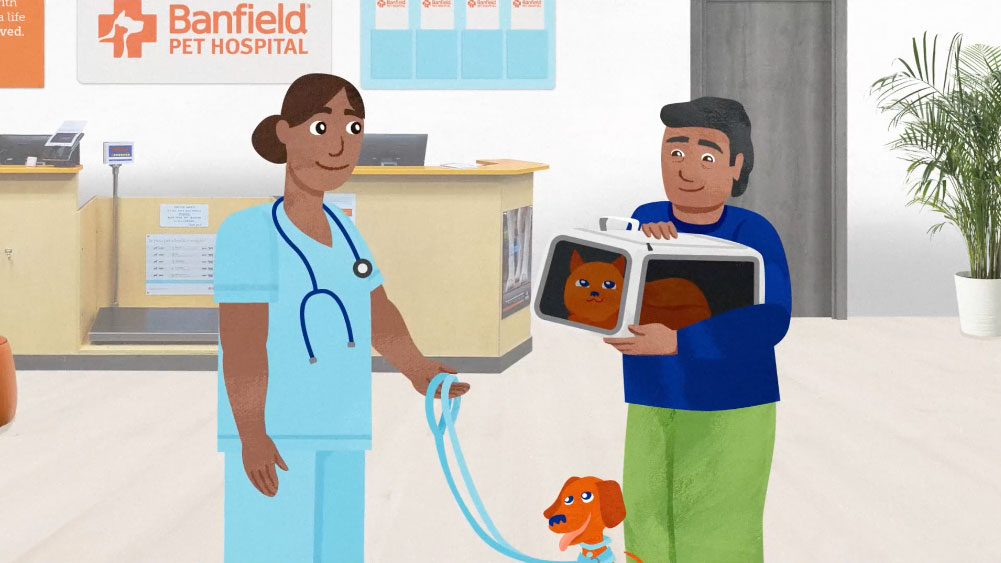 Illustration of an owner with pets at a Banfield hospital