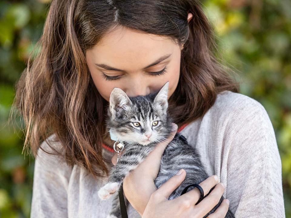 A woman holding a gray striped kitten