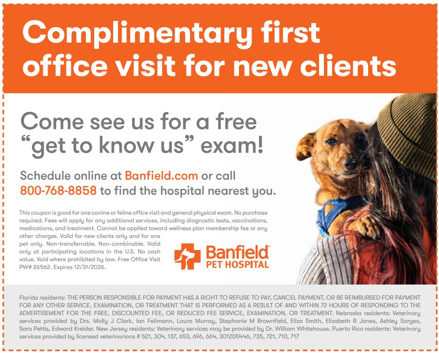 Complimentary First office visit for new pet patients coupon